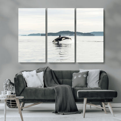 10157174-MGV-CV-36X24-Orca Whale Wall Art Canvas Print, Framed Black White Whale Art Picture Print, Minimalist Ocean Perfect Coastal Minimalist Decor