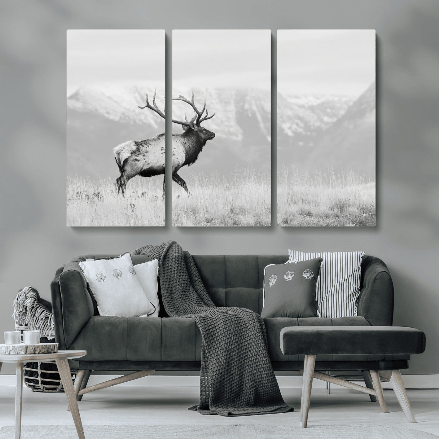 62278753-MGV-CV-36X24-Monochrome Elk Wall Art Canvas Print, Framed Mountain Wildlife Art Picture Print, Rustic Nature Perfect Rustic Minimalist Decor