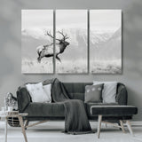 62278753-MGV-CV-36X24-Monochrome Elk Wall Art Canvas Print, Framed Mountain Wildlife Art Picture Print, Rustic Nature Perfect Rustic Minimalist Decor