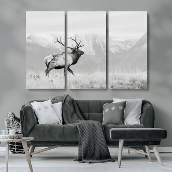 62278753-MGV-CV-36X24-Monochrome Elk Wall Art Canvas Print, Framed Mountain Wildlife Art Picture Print, Rustic Nature Perfect Rustic Minimalist Decor