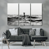 69541918-MGV-CV-36X24-Black White Ocean Wall Art Canvas Print, Framed Moody Seascape Art Picture Print, Surfer Sign Perfect Moody Minimalist Decor