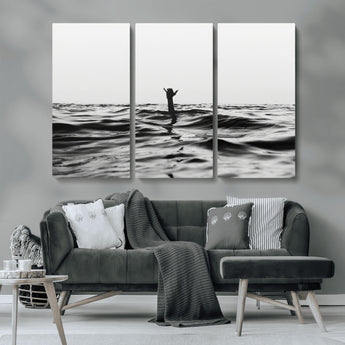 69541918-MGV-CV-36X24-Black White Ocean Wall Art Canvas Print, Framed Moody Seascape Art Picture Print, Surfer Sign Perfect Moody Minimalist Decor