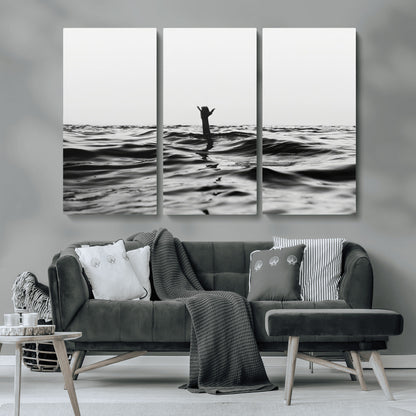 69541918-MGV-CV-36X24-Black White Ocean Wall Art Canvas Print, Framed Moody Seascape Art Picture Print, Surfer Sign Perfect Moody Minimalist Decor