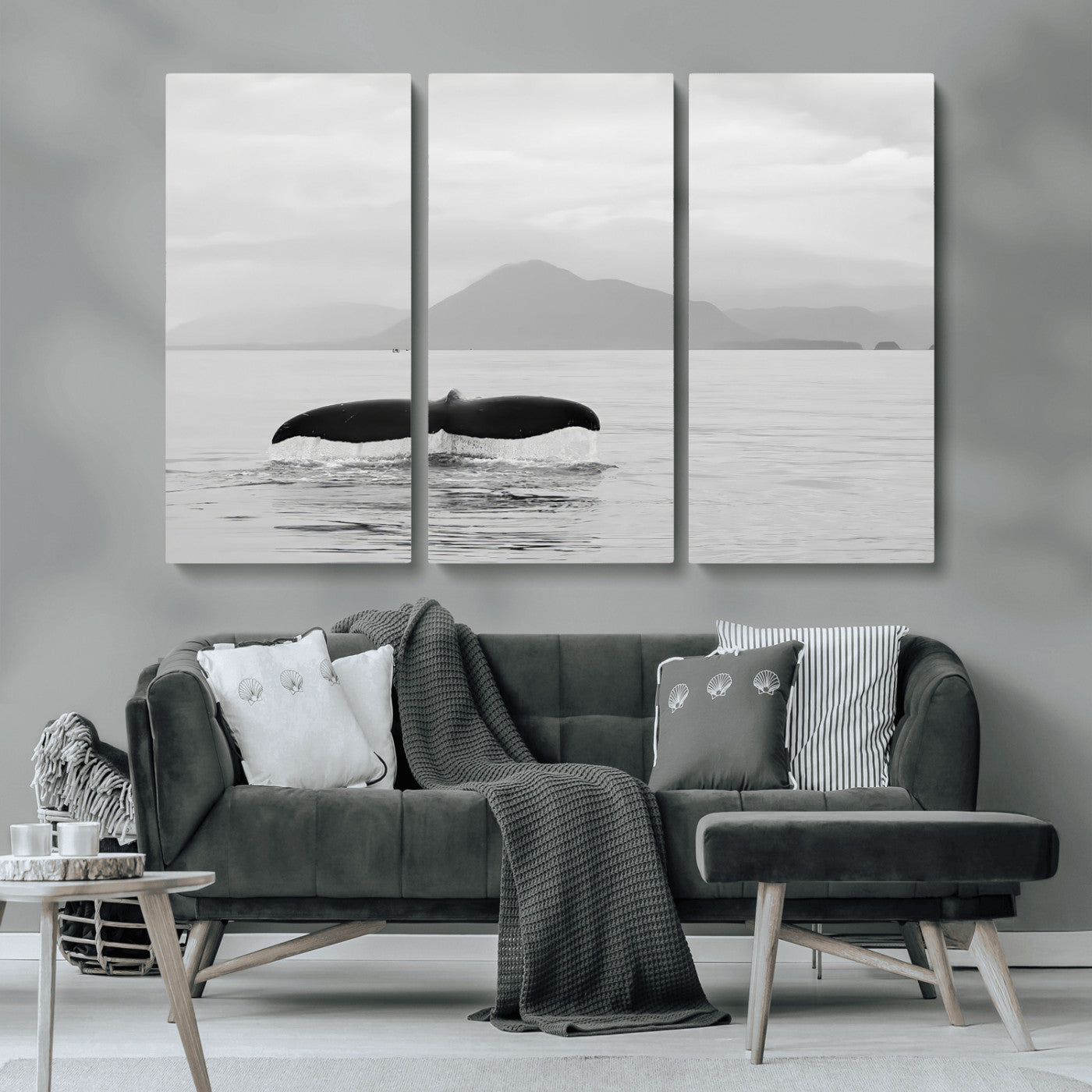 30524220-MGV-CV-36X24-Whale Tail Wall Art Canvas Print, Framed Black White Ocean Art Picture Print, Calm Marine Perfect Minimalist Coastal Decor Artwork