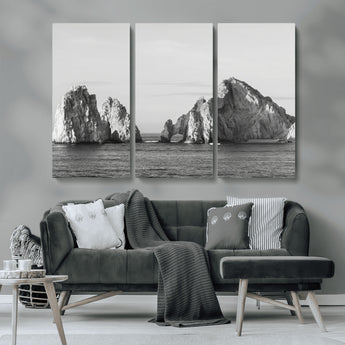 18810731-MGV-CV-36X24-Rugged Coastline Wall Art Canvas Print, Framed Ocean Cliffs Art Picture Print, Monochrome Seascape Perfect Coastal Minimalist