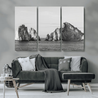 18810731-MGV-CV-36X24-Rugged Coastline Wall Art Canvas Print, Framed Ocean Cliffs Art Picture Print, Monochrome Seascape Perfect Coastal Minimalist