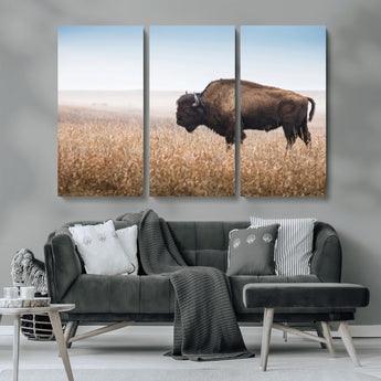 99620201-MGV-CV-36X24-Wild Bison Wall Art Canvas Print, Framed Bison in Prairie Art Picture Print, Rustic Western Perfect Rustic Western Decor Artwork