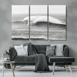 42544082-MGV-CV-36X24-Monochrome Seascape Wall Art Canvas Print, Framed Surf Wave Art Picture Print, Minimalist Ocean Perfect Moody Coastal Decor