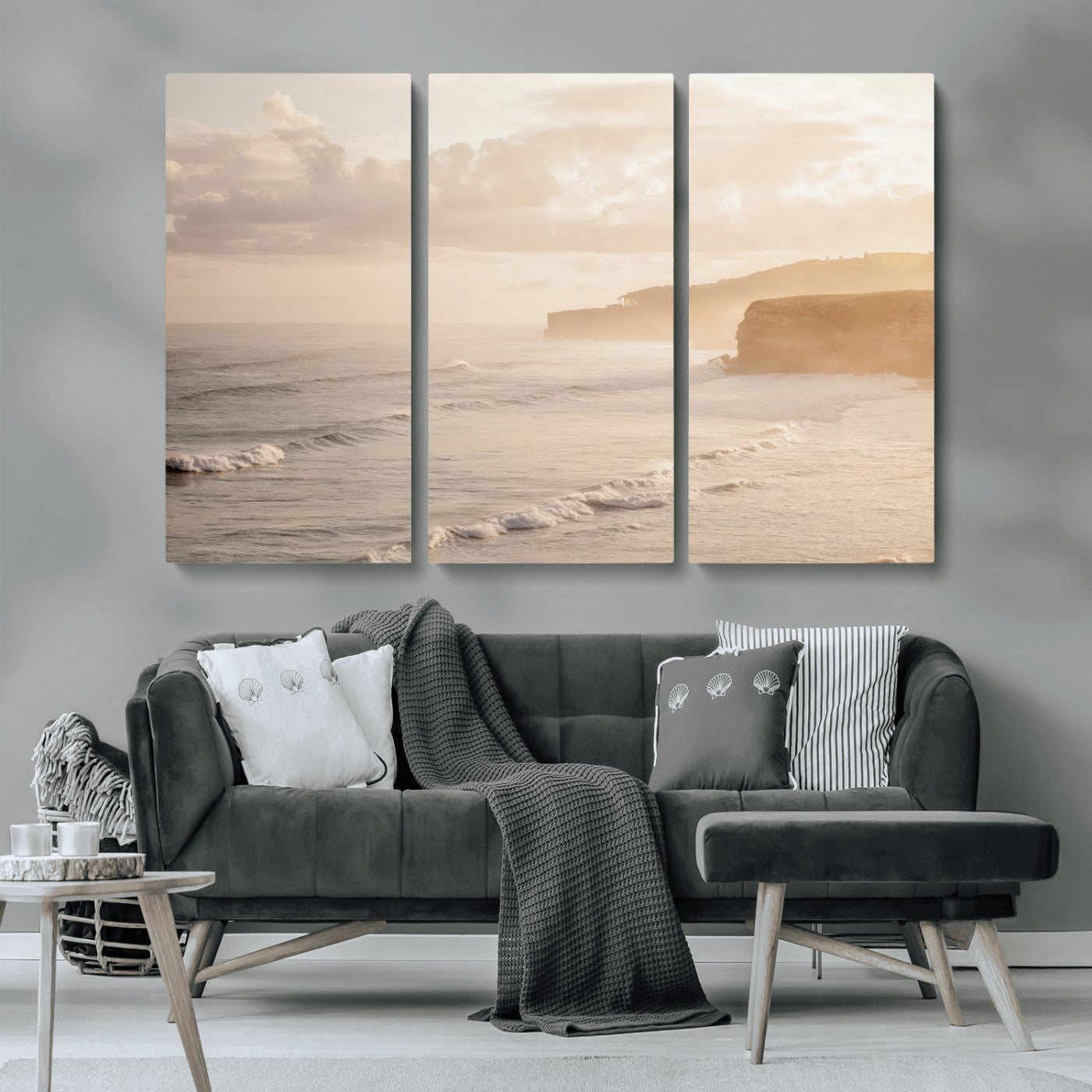 57669769-MGV-CV-36X24-Misty Coastal Wall Art Canvas Print, Framed Golden Sunset Art Picture Print, Serene Shoreline Perfect Tranquil Coastal Decor