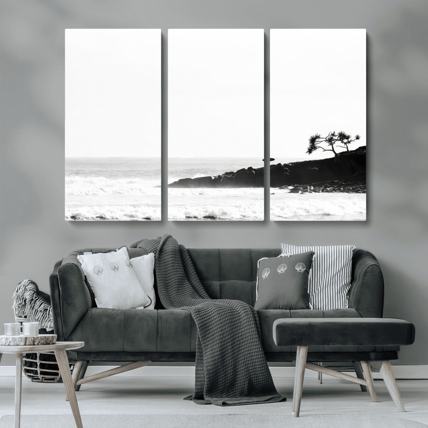 40875891-MGV-CV-36X24-SurferCliffs Wall Art Canvas Print, Framed Black White Beach Art Picture Print, Ocean Waves Perfect Minimalist Coastal Decor