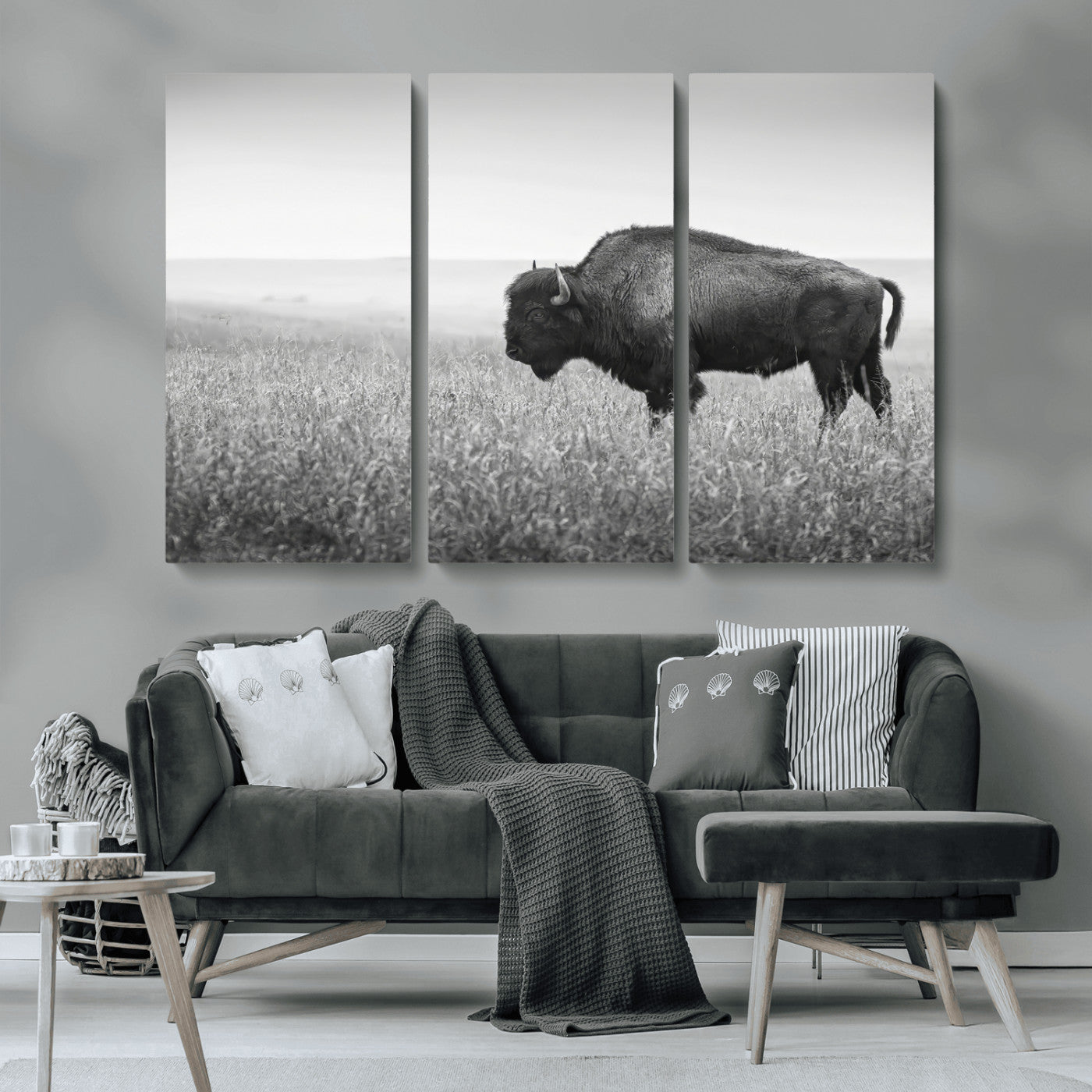 28435251-MGV-CV-36X24-Bison In Prairie Wall Art Canvas Print, Framed Rustic Wildlife Art Picture Print, Wild Buffalo Perfect Rustic Western Decor