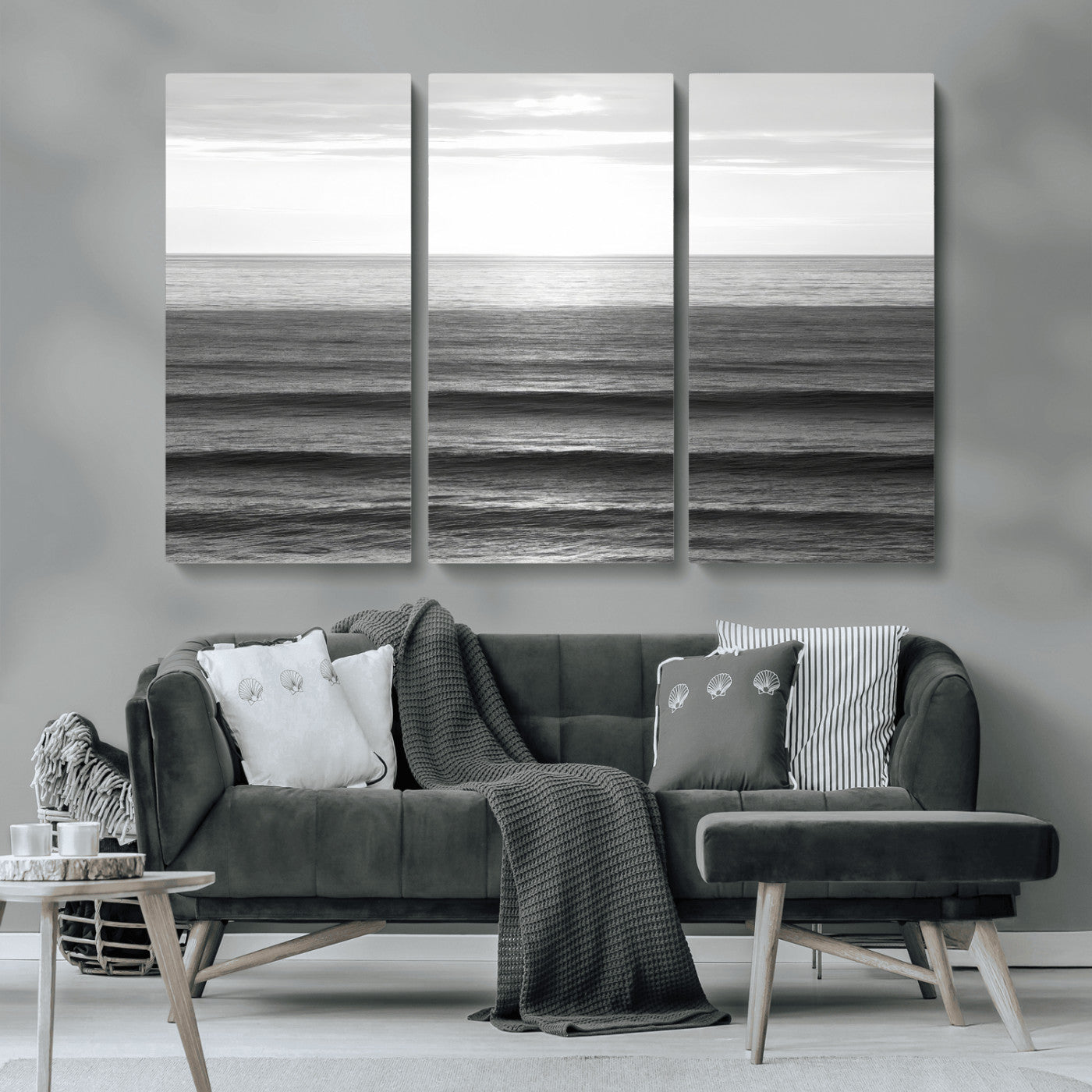47305203-MGV-CV-36X24-Monochrome Ocean Wall Art Canvas Print, Framed Moody Ocean Art Picture Print, Calm Ocean Perfect Minimalist Coastal Decor Artwork