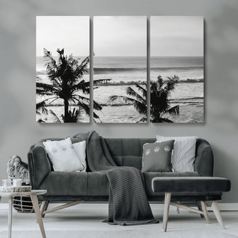 17508038-MGV-CV-36X24-Tropical Coastline Wall Art Canvas Print, Framed Palm Trees Art Picture Print, Ocean Waves Perfect Minimalist Coastal Decor