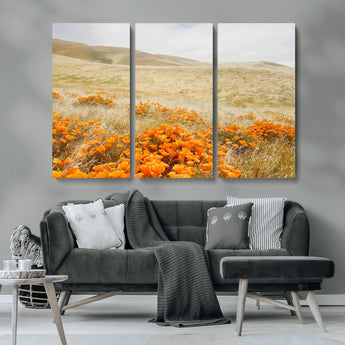 28972262-MGV-CV-36X24-Golden Wildflowers Wall Art Canvas Print, Framed Hills Bloom Art Picture Print, Poppy Meadow Perfect Rustic Nature Decor Artwork