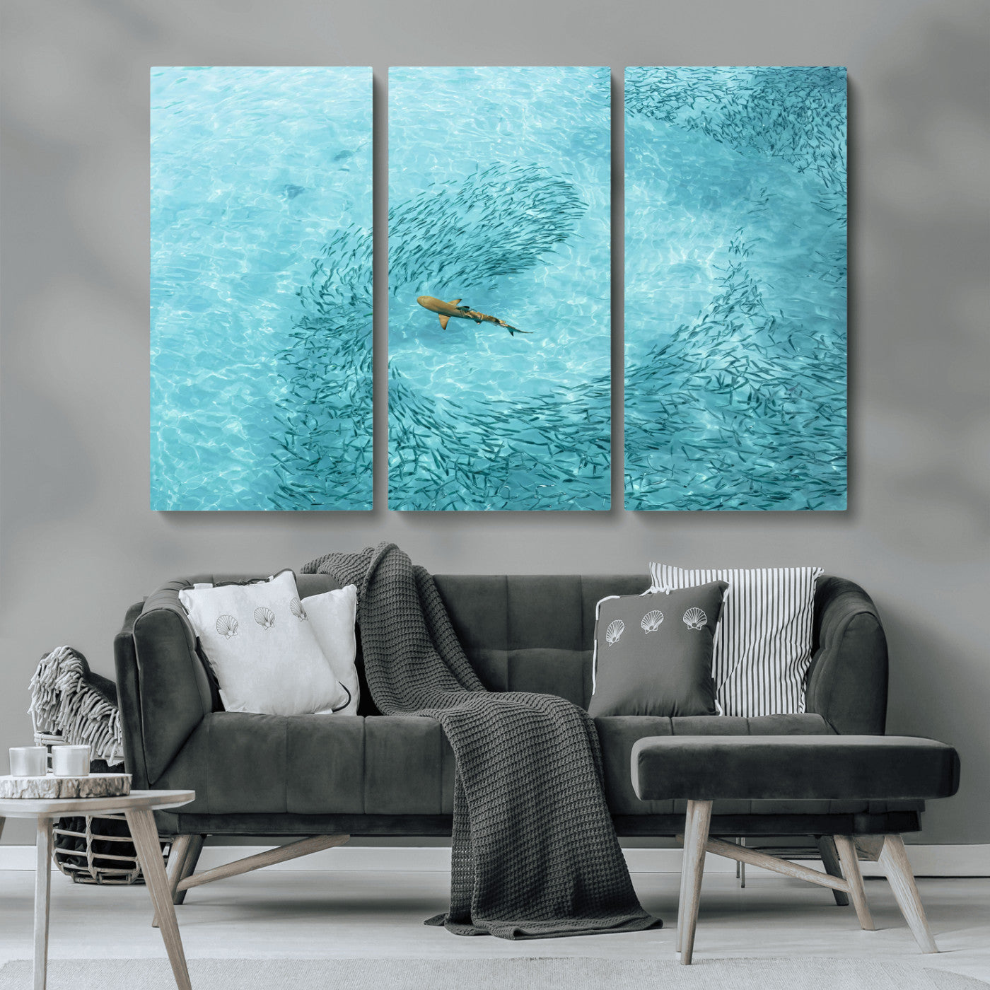 43671474-MGV-CV-36X24-Fish Swarm Wall Art Canvas Print, Framed Marine Life Art Picture Print, Shark Aerial Perfect Wildlife Coastal Decor Artwork