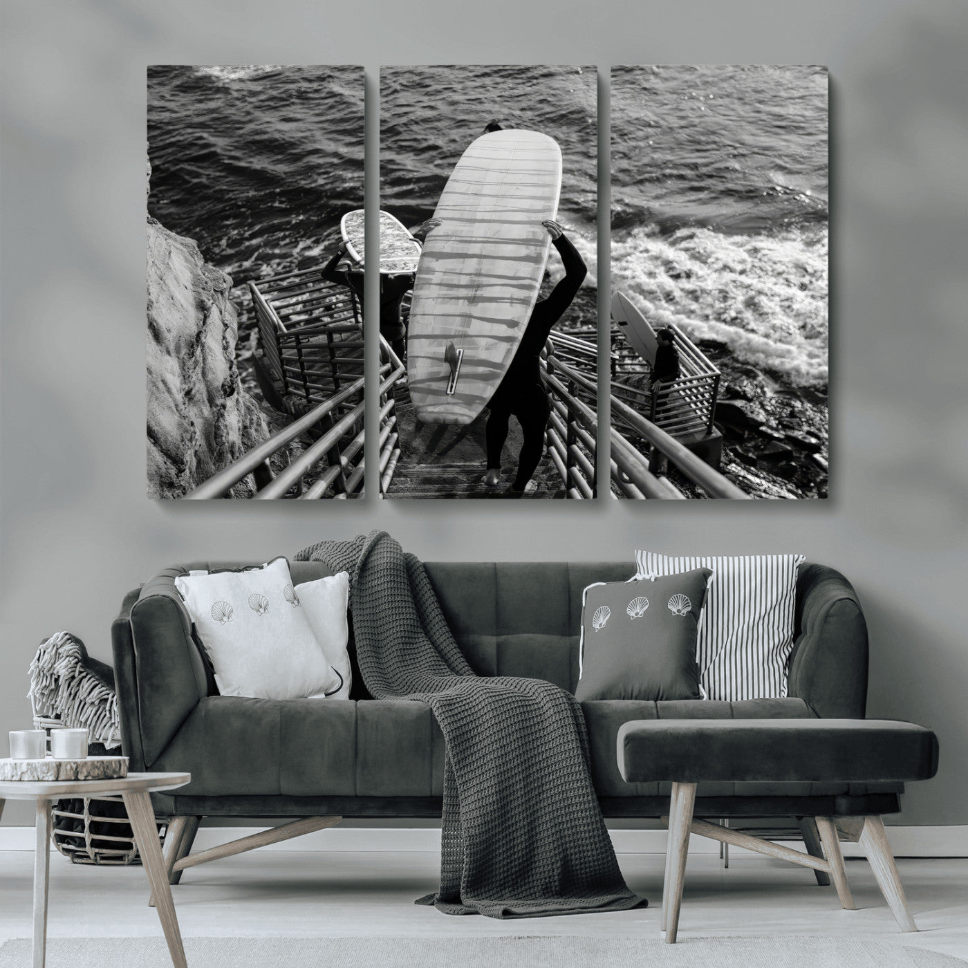 32353707-MGV-CV-36X24-Black White Surfing Wall Art Canvas Print, Framed Coastal Surfing Art Picture Print, Wave Riders Perfect Coastal Adventure Decor