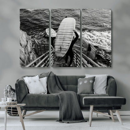 32353707-MGV-CV-36X24-Black White Surfing Wall Art Canvas Print, Framed Coastal Surfing Art Picture Print, Wave Riders Perfect Coastal Adventure Decor