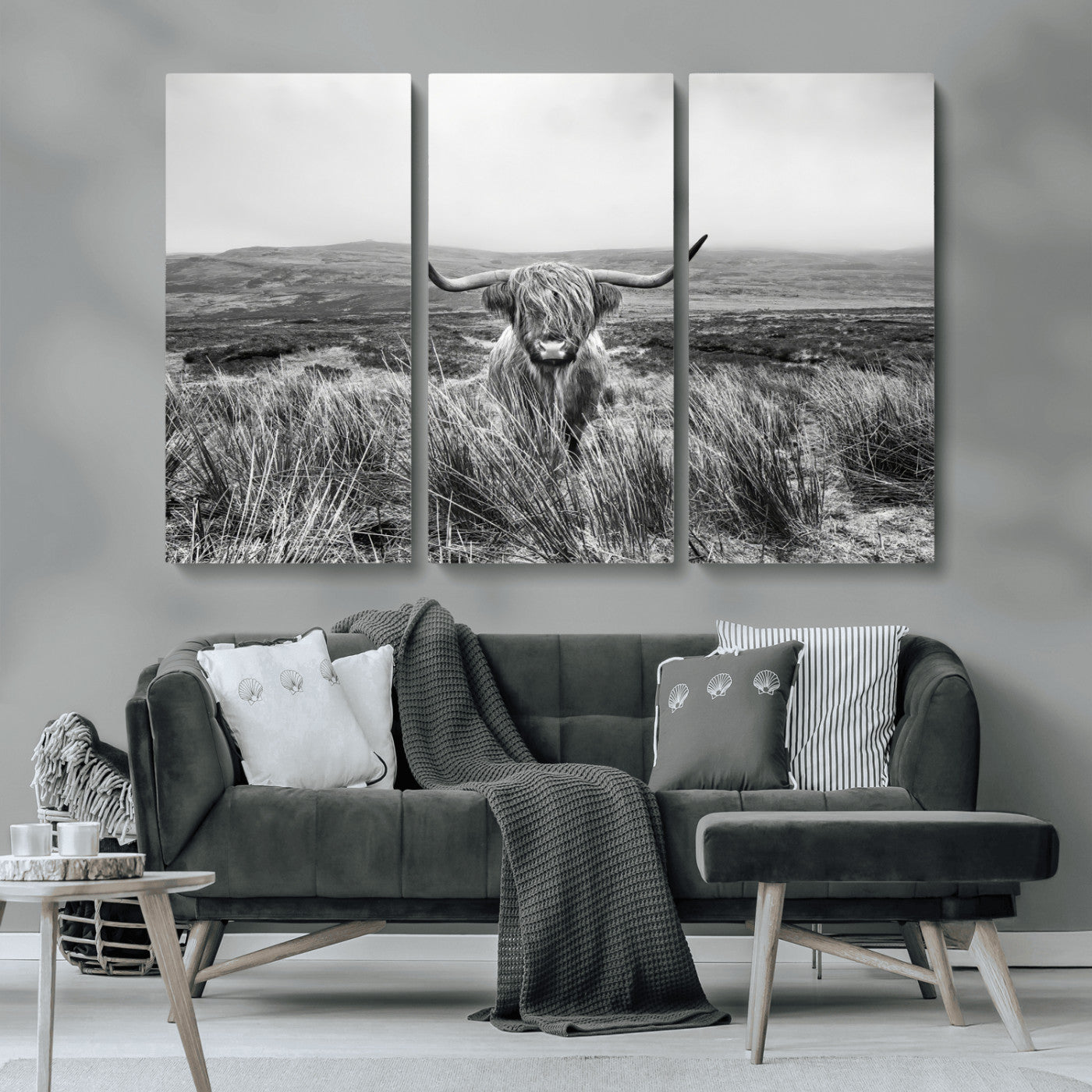 24051061-MGV-CV-36X24-Monochrome Highland Cow Wall Art Canvas Print, Framed Scottish Bull Art Picture Print, Lone Cattle Perfect Rustic Farmhouse Decor