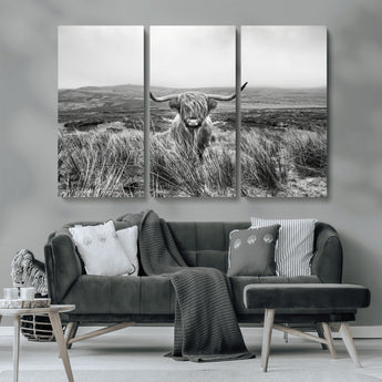 24051061-MGV-CV-36X24-Monochrome Highland Cow Wall Art Canvas Print, Framed Scottish Bull Art Picture Print, Lone Cattle Perfect Rustic Farmhouse Decor