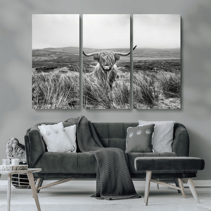 24051061-MGV-CV-36X24-Monochrome Highland Cow Wall Art Canvas Print, Framed Scottish Bull Art Picture Print, Lone Cattle Perfect Rustic Farmhouse Decor