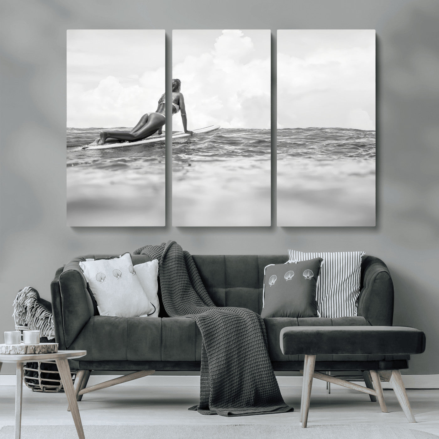 69798068-MGV-CV-36X24-Black White Surfing Wall Art Canvas Print, Framed Ocean Horizon Art Picture Print, Surfer Girl Perfect Coastal Adventure Decor