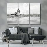 69798068-MGV-CV-36X24-Black White Surfing Wall Art Canvas Print, Framed Ocean Horizon Art Picture Print, Surfer Girl Perfect Coastal Adventure Decor