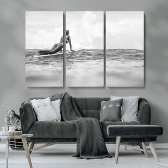 69798068-MGV-CV-36X24-Black White Surfing Wall Art Canvas Print, Framed Ocean Horizon Art Picture Print, Surfer Girl Perfect Coastal Adventure Decor