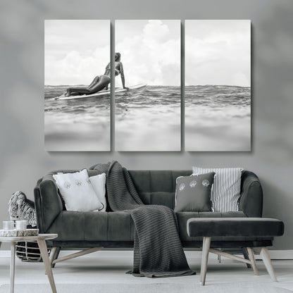 69798068-MGV-CV-36X24-Black White Surfing Wall Art Canvas Print, Framed Ocean Horizon Art Picture Print, Surfer Girl Perfect Coastal Adventure Decor