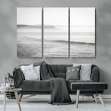 60635783-MGV-CV-48X32-3P-Black White Seascape Wall Art Canvas Print, Framed Ocean Waves Art Picture Print, Misty Coastal Perfect Minimalist Coastal Decor