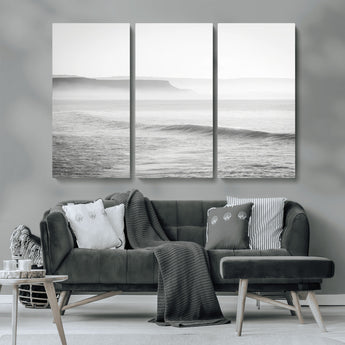 60635783-MGV-CV-48X32-3P-Black White Seascape Wall Art Canvas Print, Framed Ocean Waves Art Picture Print, Misty Coastal Perfect Minimalist Coastal Decor
