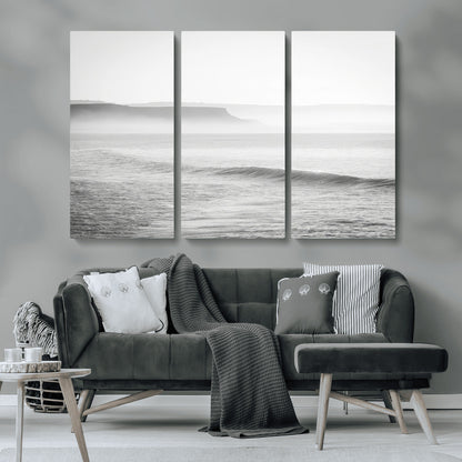 60635783-MGV-CV-48X32-3P-Black White Seascape Wall Art Canvas Print, Framed Ocean Waves Art Picture Print, Misty Coastal Perfect Minimalist Coastal Decor