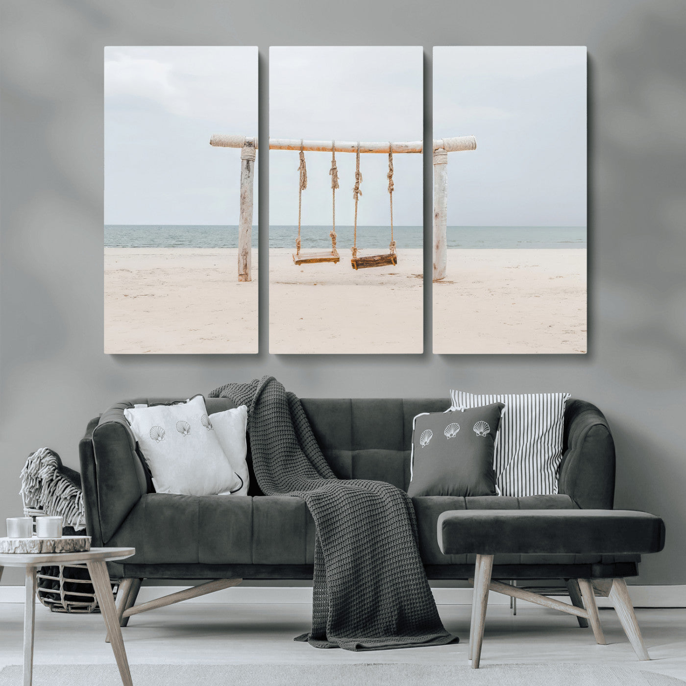 68327283-MGV-CV-48X32-3P-Beach Swing Wall Art Canvas Print, Framed Quiet Beach Art Picture Print, Calm Shoreline Perfect Bohemian Coastal Decor Artwork