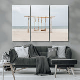 68327283-MGV-CV-48X32-3P-Beach Swing Wall Art Canvas Print, Framed Quiet Beach Art Picture Print, Calm Shoreline Perfect Bohemian Coastal Decor Artwork