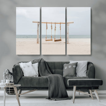 68327283-MGV-CV-48X32-3P-Beach Swing Wall Art Canvas Print, Framed Quiet Beach Art Picture Print, Calm Shoreline Perfect Bohemian Coastal Decor Artwork