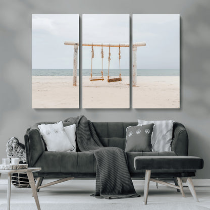 68327283-MGV-CV-48X32-3P-Beach Swing Wall Art Canvas Print, Framed Quiet Beach Art Picture Print, Calm Shoreline Perfect Bohemian Coastal Decor Artwork
