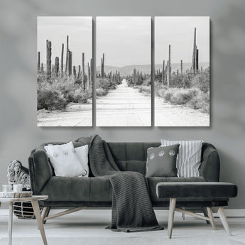 35537313-MGV-CV-36X24-Monochrome Desert Wall Art Canvas Print, Framed Cactus Path Art Picture Print, Southwestern Landscape Perfect Southwestern
