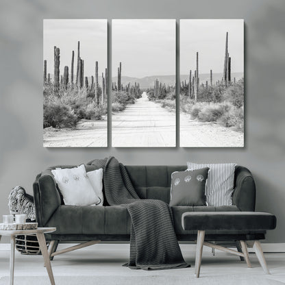 35537313-MGV-CV-36X24-Monochrome Desert Wall Art Canvas Print, Framed Cactus Path Art Picture Print, Southwestern Landscape Perfect Southwestern