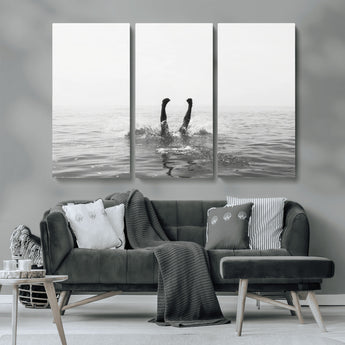 26667396-MGV-CV-36X24-Black White Ocean Wall Art Canvas Print, Framed Monochrome Water Art Picture Print, Diving into Water Perfect Minimalist Aquatic