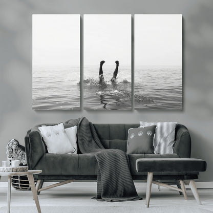 26667396-MGV-CV-36X24-Black White Ocean Wall Art Canvas Print, Framed Monochrome Water Art Picture Print, Diving into Water Perfect Minimalist Aquatic
