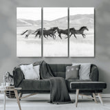 69934913-MGV-CV-36X24-Wild Horses Running Wall Art Canvas Print, Framed Black White Mustangs Art Picture Print, Rustic Western Perfect Rustic Western