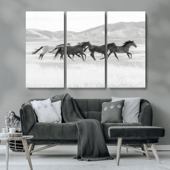 69934913-MGV-CV-36X24-Wild Horses Running Wall Art Canvas Print, Framed Black White Mustangs Art Picture Print, Rustic Western Perfect Rustic Western