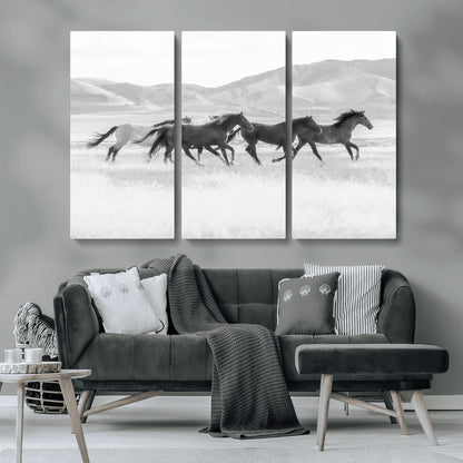 69934913-MGV-CV-36X24-Wild Horses Running Wall Art Canvas Print, Framed Black White Mustangs Art Picture Print, Rustic Western Perfect Rustic Western