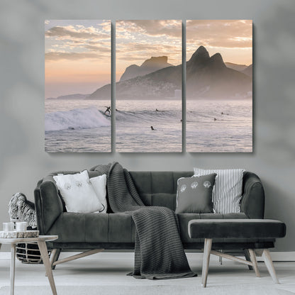 70644906-MGV-CV-36X24-Sunset Surfing Wall Art Canvas Print, Framed Misty Mountains Art Picture Print, Surfer Riding Wave Perfect Coastal Adventure Decor