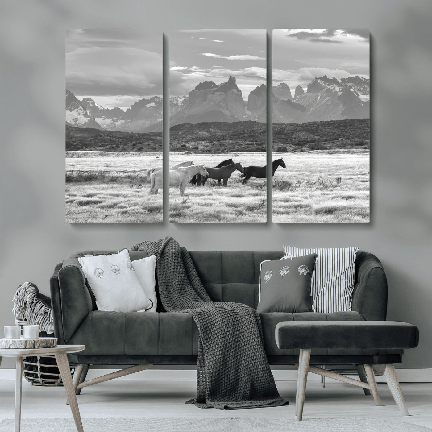 21655040-MGV-CV-36X24-Wild Horses Wall Art Canvas Print, Framed Black White Mountains Art Picture Print, Rustic Countryside Perfect Rustic Western Decor