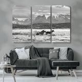 21655040-MGV-CV-36X24-Wild Horses Wall Art Canvas Print, Framed Black White Mountains Art Picture Print, Rustic Countryside Perfect Rustic Western Decor