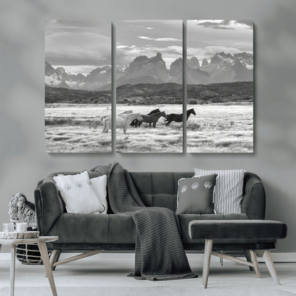 21655040-MGV-CV-36X24-Wild Horses Wall Art Canvas Print, Framed Black White Mountains Art Picture Print, Rustic Countryside Perfect Rustic Western Decor