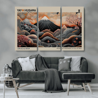 55739266-MGV-CV-36X24-Japanese Wall Art Print – Abstract Yayoi Kusama Inspired Dotted Landscape Poster, Surreal Oriental Mountain and Cherry Blossom