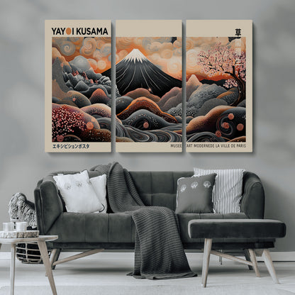 55739266-MGV-CV-36X24-Japanese Wall Art Print – Abstract Yayoi Kusama Inspired Dotted Landscape Poster, Surreal Oriental Mountain and Cherry Blossom
