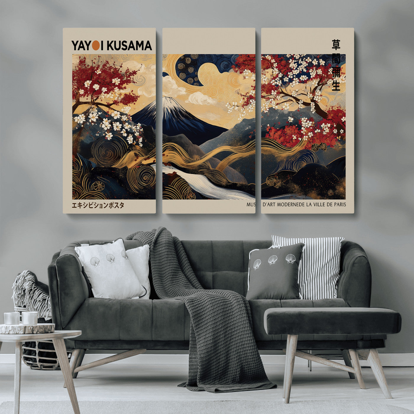 54967195-MGV-CV-36X24-Mount Fuji Wall Art – Japanese Cherry Blossom Abstract Canvas Print, Navy Gold Landscape Painting, Oriental Luxury Home Decor