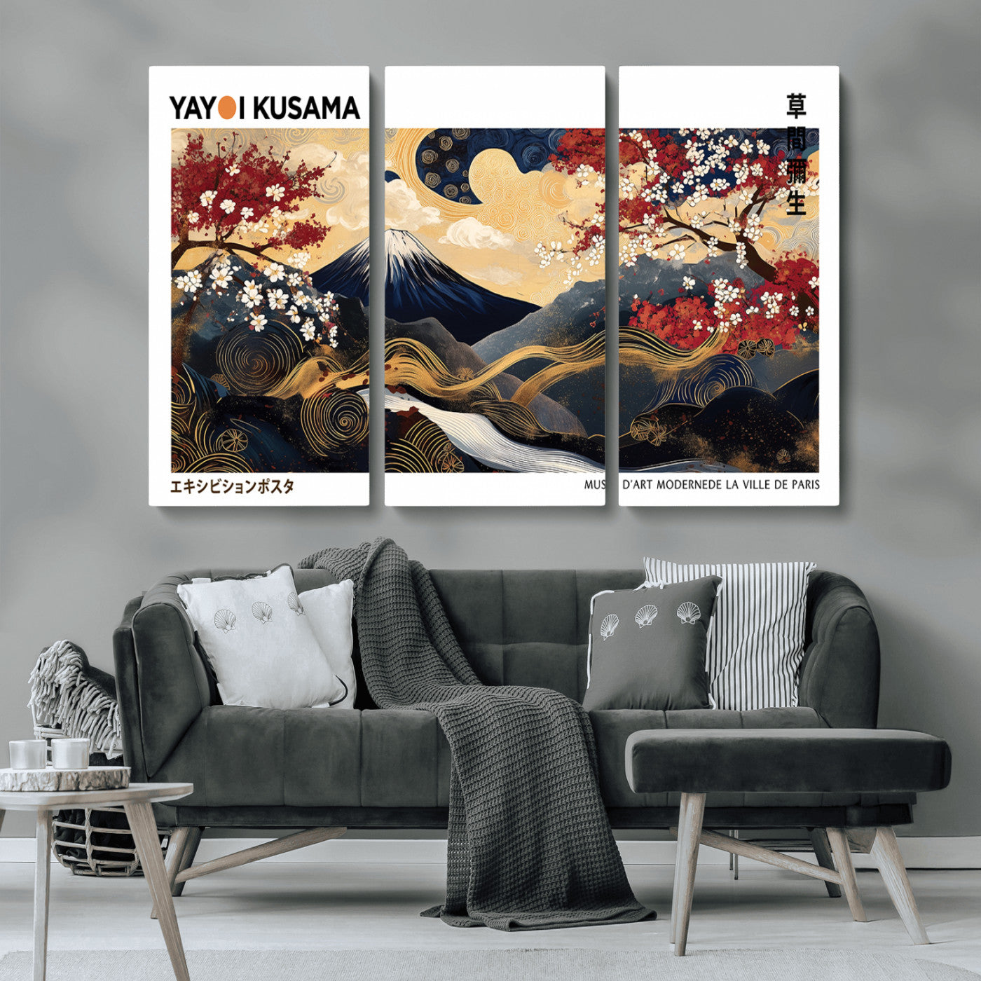 66243961-MGV-CV-36X24-Mount Fuji Japanese Wall Art – Golden Abstract Landscape Canvas Print, Cherry Blossom Painting, Modern Oriental Zen Home Decor